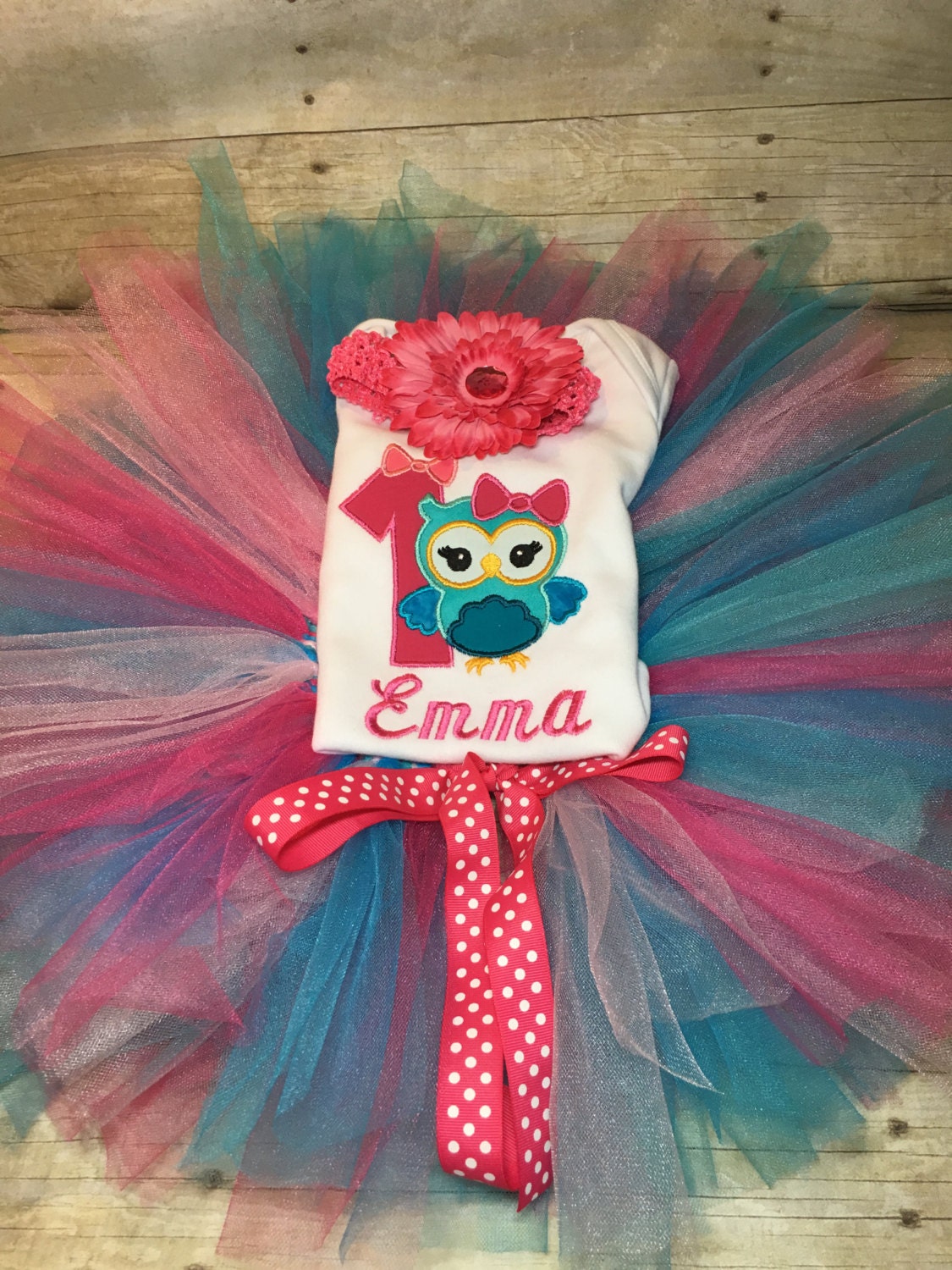 Custom Owl First 1st Birthday Blue and Pink Tutu Smash Cake Outfit
