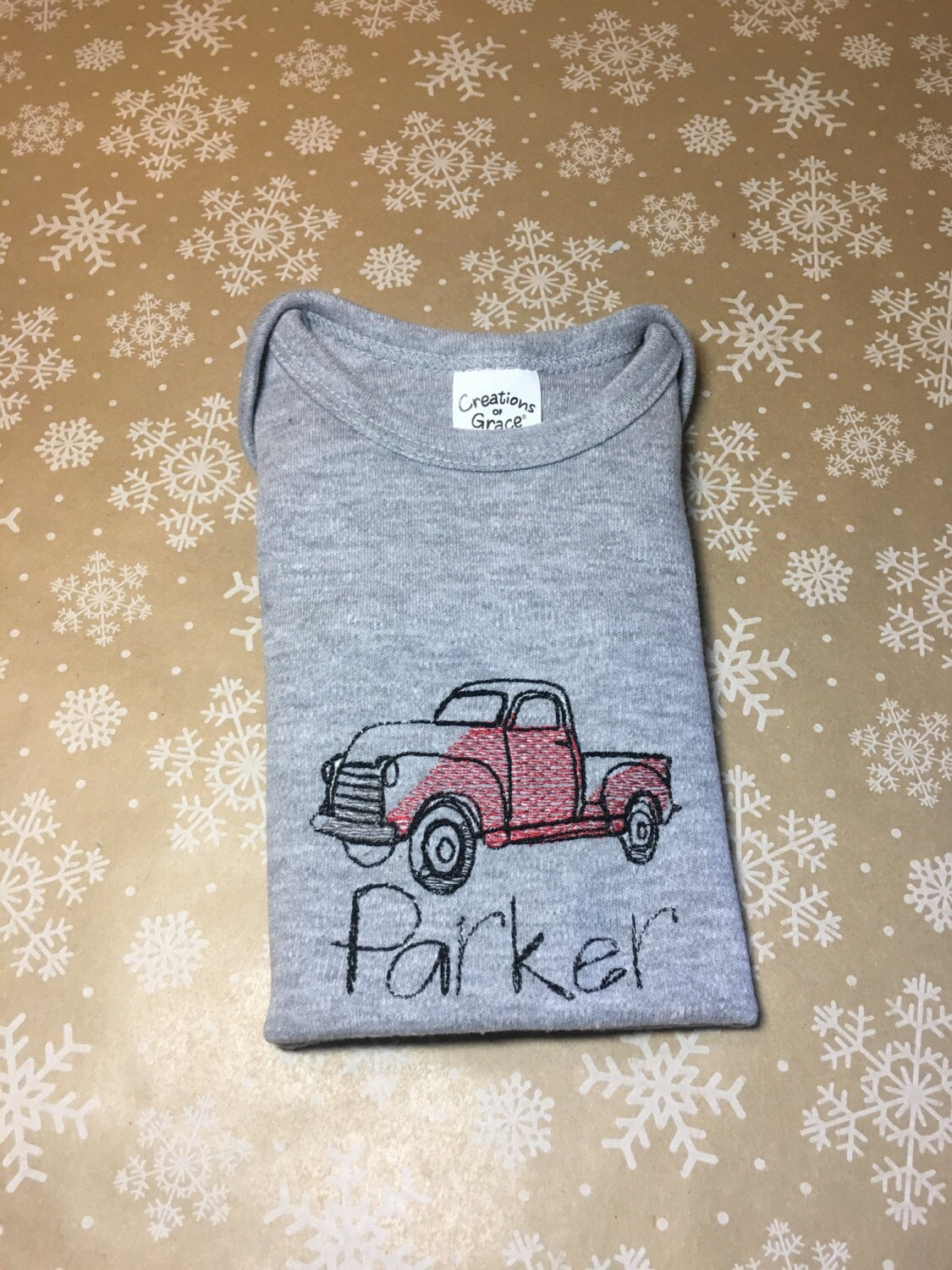 Custom Sketch Embroidery Vintage Red Pickup Truck Baby Bodysuit
