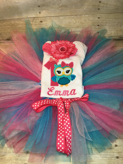 Custom Owl First 1st Birthday Blue and Pink Tutu Smash Cake Outfit