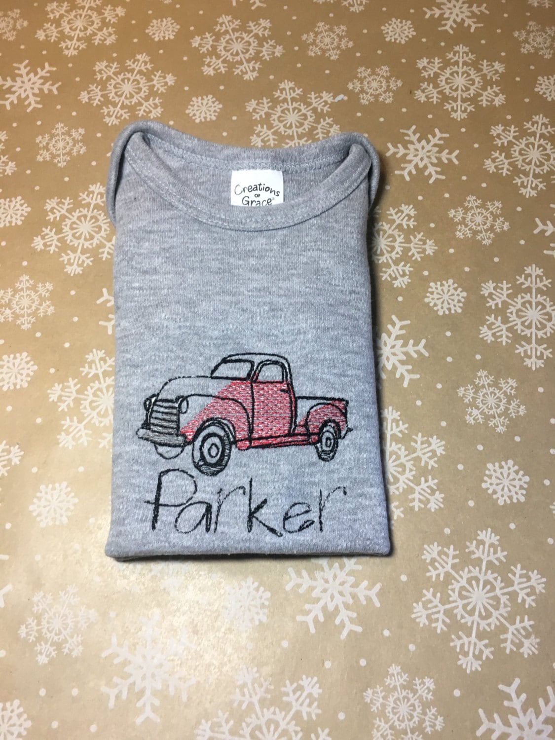 Custom Sketch Embroidery Vintage Red Pickup Truck Baby Bodysuit