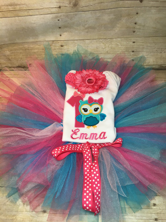 Custom Owl First 1st Birthday Blue and Pink Tutu Smash Cake Outfit