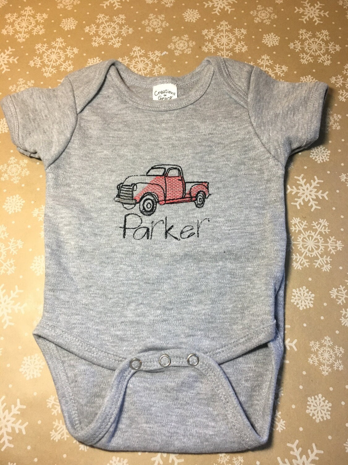 Custom Sketch Embroidery Vintage Red Pickup Truck Baby Bodysuit