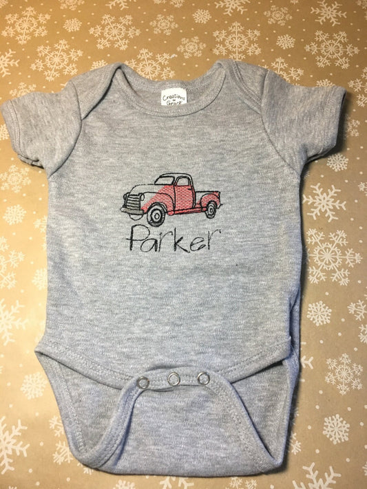 Custom Sketch Embroidery Vintage Red Pickup Truck Baby Bodysuit